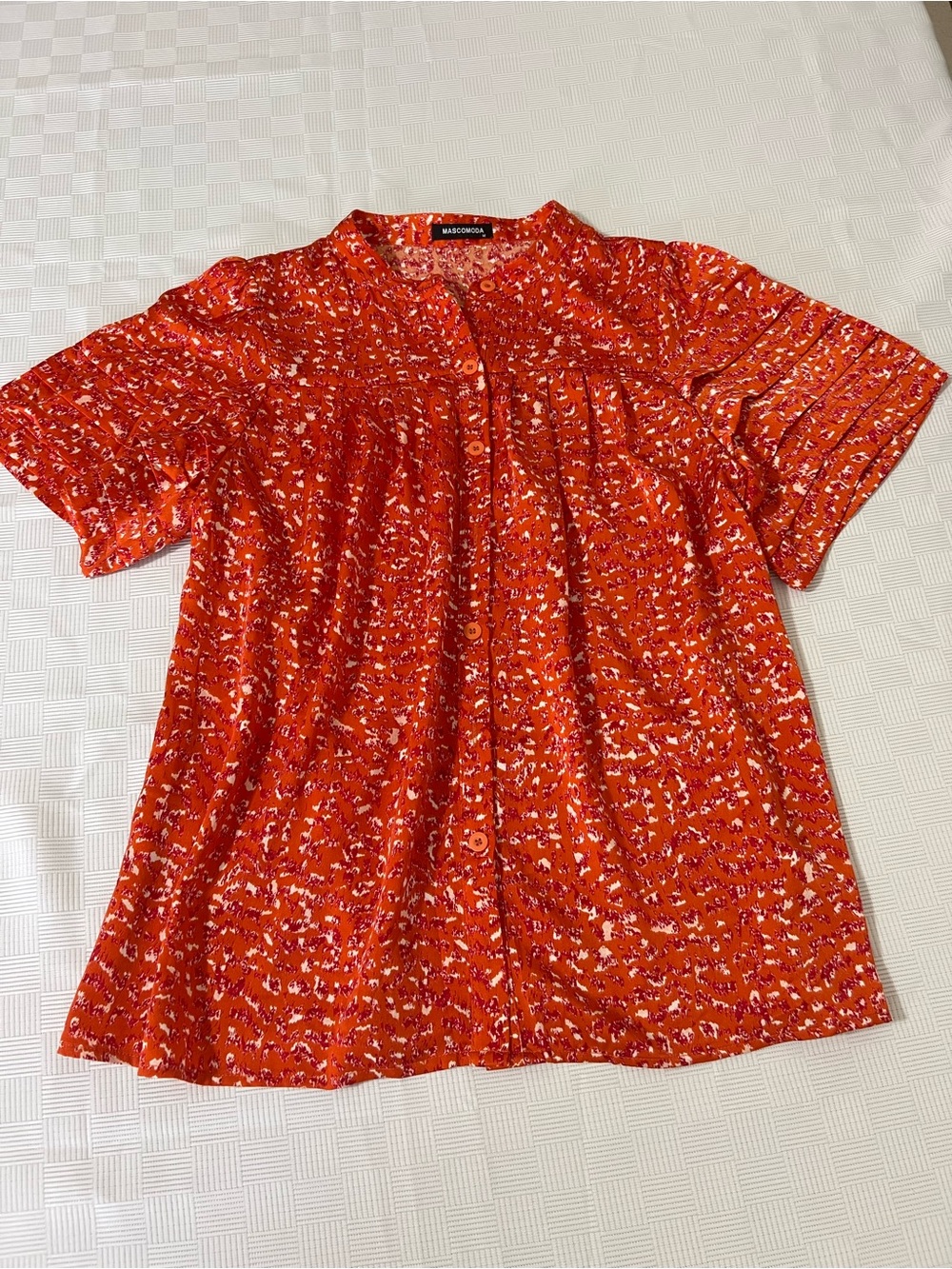 Split V-Neck Short Sleeve Blouse in Orange Speckle - Picture 2 of 5